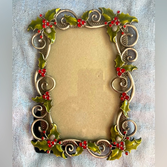 Festive Enamel Cast Metal 5x7 Picture Frame Silver With Green & Red - Picture 2 of 9